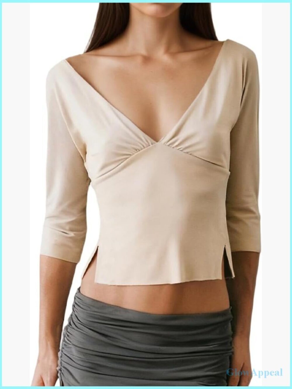 Deep V Neck Half Sleeve Crop Top Backless Ruched Side Slit Slim Fit Going Out